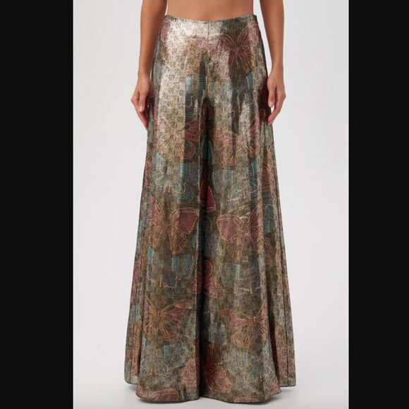 Trina Turk Siya Metallic Silk Butterfly Patterned Wide Leg Pants 0 - Picture 1 of 11